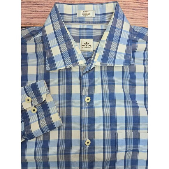 Peter Millar Mens Blue Plaid Long-Sleeve Button-Down Blue Plaid Shirt Large - Picture 4 of 6